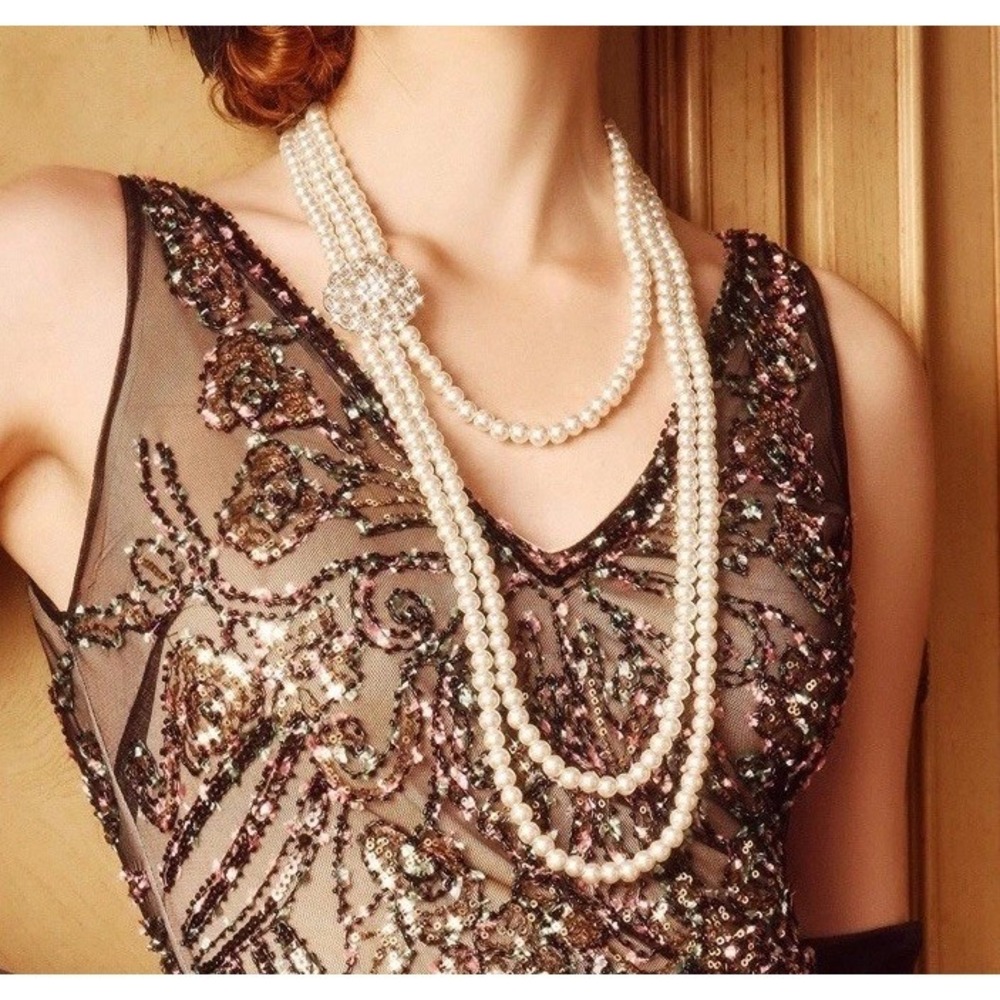 Multi Layer Faux Pearl Statement Necklace Beaded Rose Gold 1920s Style Retro‎